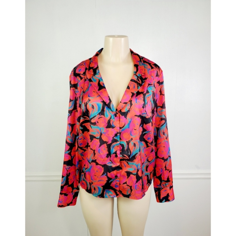 Topshop Red Floral Button Down Shirt Blouse